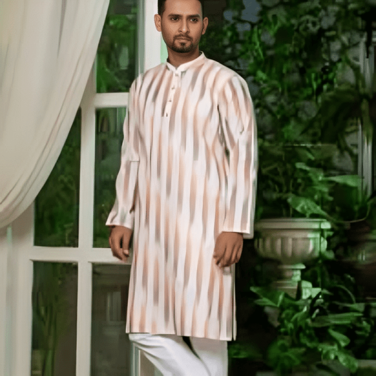 White & Red Striped Cotton Panjabi