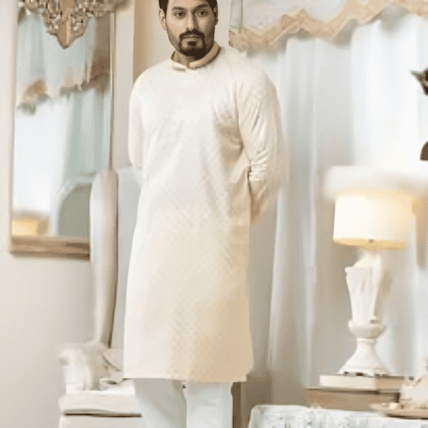 Cream Erri Embroidered Cotton Panjabi