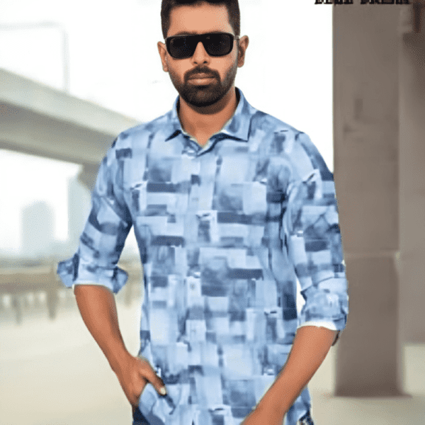 Light Blue Printed Cotton Man Casual Modern Shirt