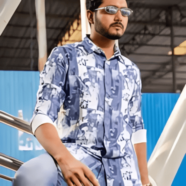 Blue Abstract Cotton Man Casual Modern Shirt