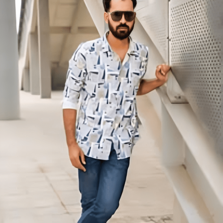 White & Blue Abstract Cotton Man Casual Modern Shirt