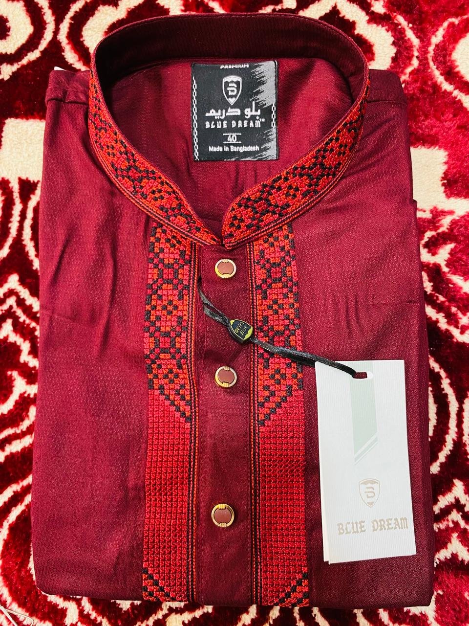 Panjabi (s195-4) Red & Black Embroidered Cotton Panjabi